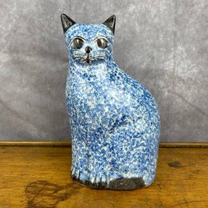 Vintage N. S. Gustin Hand Sponge Painted Blue Cat Ceramic Folk Art 8.5”